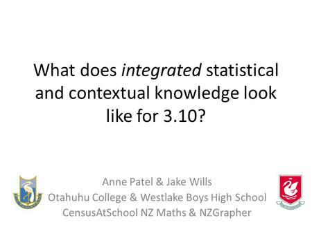 What does integrated statistical and contextual knowledge look like for 3.10? Anne Patel & Jake Wills Otahuhu College & Westlake Boys High School CensusAtSchool.