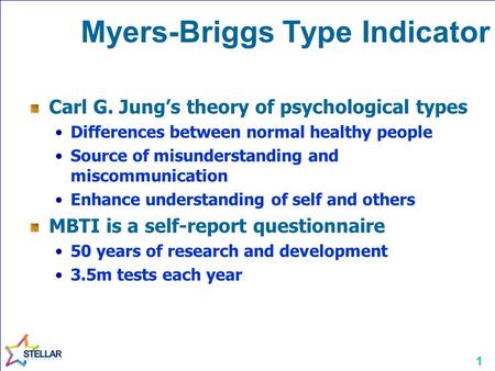 1 Myers-Briggs Type Indicator Carl G. Jung’s theory of psychological types Differences between normal healthy people Source of misunderstanding and miscommunication.