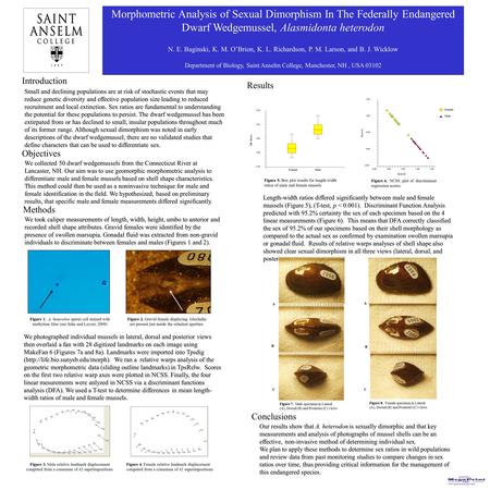Printed by www.postersession.com Morphometric Analysis of Sexual Dimorphism In The Federally Endangered Dwarf Wedgemussel, Alasmidonta heterodon N. E.