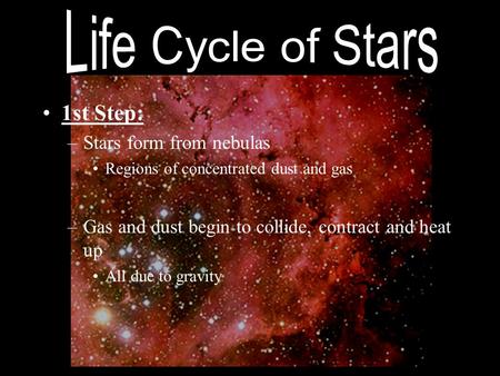 Life Cycle of Stars 1st Step: Stars form from nebulas