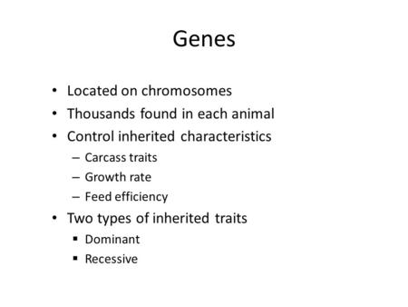 Genes Located on chromosomes Thousands found in each animal