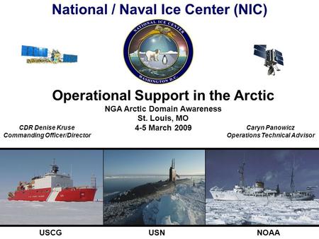 National / Naval Ice Center (NIC) USCGUSNNOAA Operational Support in the Arctic NGA Arctic Domain Awareness St. Louis, MO 4-5 March 2009 CDR Denise Kruse.
