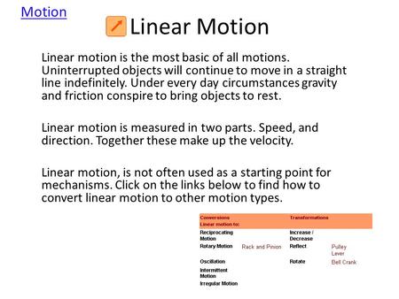 Linear Motion Linear motion is the most basic of all motions. Uninterrupted objects will continue to move in a straight line indefinitely. Under every.