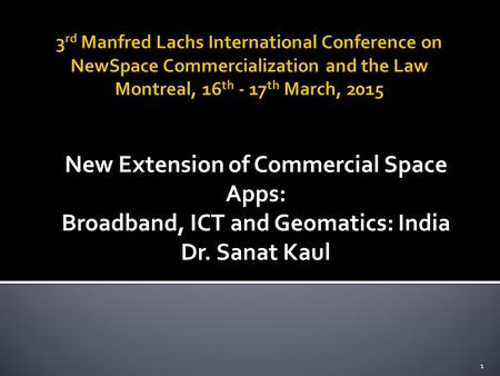 New Extension of Commercial Space Apps: Broadband, ICT and Geomatics: India Dr. Sanat Kaul 1.