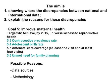 Goal 5: Improve maternal health Target 5b: Achieve, by 2015, universal access to reproductive health 5.3 Contraceptive prevalence rate 5.4 Adolescent birth.