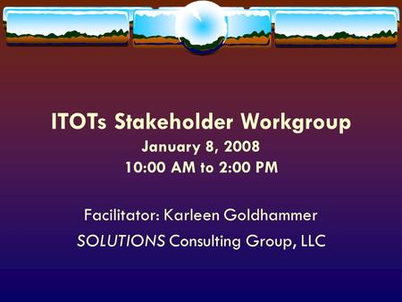 ITOTs Stakeholder Workgroup January 8, 2008 10:00 AM to 2:00 PM Facilitator: Karleen Goldhammer SOLUTIONS Consulting Group, LLC.