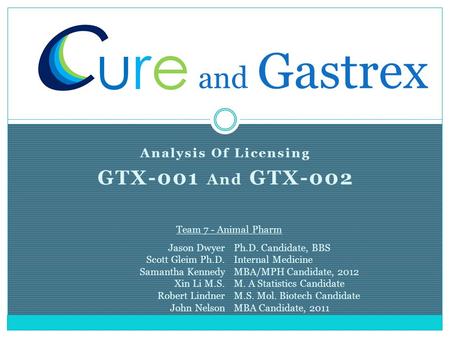 Analysis Of Licensing GTX-001 And GTX-002 and Gastrex Team 7 - Animal Pharm Jason Dwyer Scott Gleim Ph.D. Samantha Kennedy Xin Li M.S. Robert Lindner John.