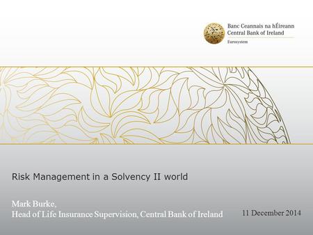 Risk Management in a Solvency II world Mark Burke, Head of Life Insurance Supervision, Central Bank of Ireland 11 December 2014.