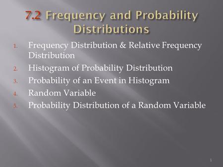 1. Frequency Distribution & Relative Frequency Distribution 2. Histogram of Probability Distribution 3. Probability of an Event in Histogram 4. Random.