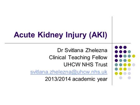 Acute Kidney Injury (AKI) Dr Svitlana Zhelezna Clinical Teaching Fellow UHCW NHS Trust 2013/2014 academic year.