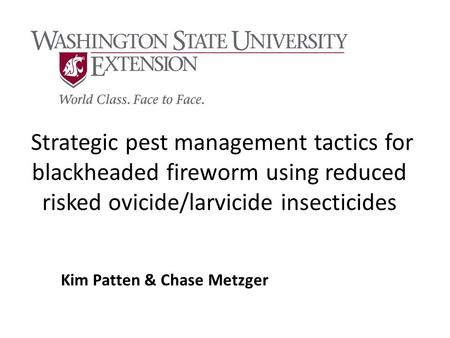 Strategic pest management tactics for blackheaded fireworm using reduced risked ovicide/larvicide insecticides Kim Patten & Chase Metzger.