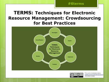 TERMS: Techniques for Electronic Resource Management: Crowdsourcing for Best Practices #6terms This work is licensed under a Creative Commons Attribution.
