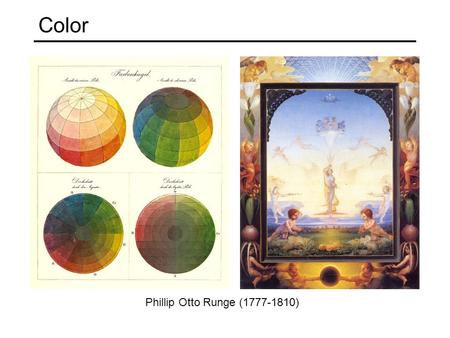 Color Phillip Otto Runge (1777-1810). Overview The nature of color Color processing in the human visual system Color spaces Adaptation and constancy White.