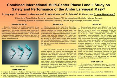Combined International Multi-Center Phase I and II Study on Safety and Performance of the Ambu Laryngeal Mask ® C. Hagberg 1, F. Jensen 2, H. Genzwurker.