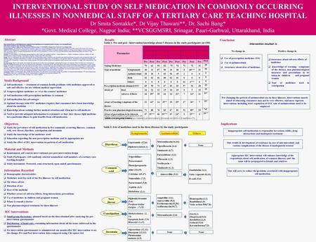 INTERVENTIONAL STUDY ON SELF MEDICATION IN COMMONLY OCCURRING ILLNESSES IN NONMEDICAL STAFF OF A TERTIARY CARE TEACHING HOSPITAL Dr Smita Sontakke*, Dr.