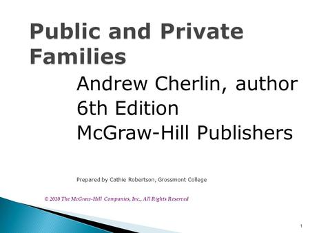 1 Public and Private Families Andrew Cherlin, author 6th Edition McGraw-Hill Publishers Prepared by Cathie Robertson, Grossmont College © 2010 The McGraw-Hill.