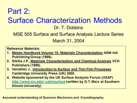 Part 2: Surface Characterization Methods