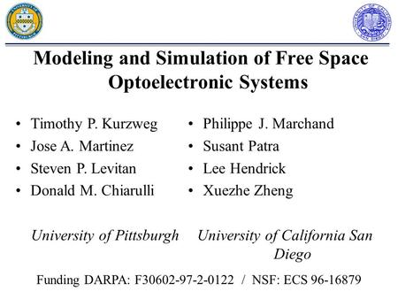 Modeling and Simulation of Free Space Optoelectronic Systems Timothy P. Kurzweg Jose A. Martinez Steven P. Levitan Donald M. Chiarulli University of Pittsburgh.