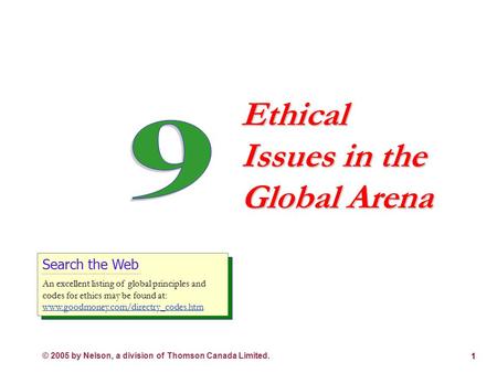 © 2005 by Nelson, a division of Thomson Canada Limited. 1 Ethical Issues in the Global Arena Search the Web An excellent listing of global principles.