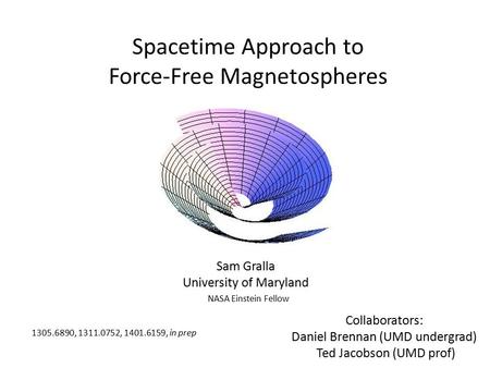 Spacetime Approach to Force-Free Magnetospheres Sam Gralla University of Maryland Collaborators: Daniel Brennan (UMD undergrad) Ted Jacobson (UMD prof)