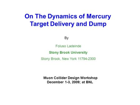 On The Dynamics of Mercury Target Delivery and Dump By Foluso Ladeinde Stony Brook University Stony Brook, New York 11794-2300 Muon Collider Design Workshop.