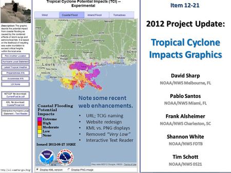 2012 Project Update: Tropical Cyclone Impacts Graphics Item 12-21 Note some recent web enhancements. URL; TCIG naming Website redesign KML vs. PNG displays.