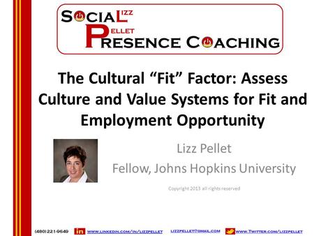 The Cultural “Fit” Factor: Assess Culture and Value Systems for Fit and Employment Opportunity Lizz Pellet Fellow, Johns Hopkins University Copyright 2013.