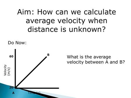 Aim: How can we calculate average velocity when distance is unknown? Do Now: What is the average velocity between A and B? Velocity (m/s) Time (s) 20 60.