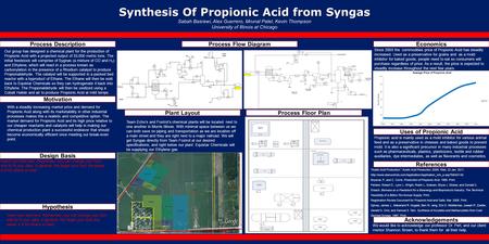 Synthesis Of Propionic Acid from Syngas Sabah Basrawi, Alex Guerrero, Mrunal Patel, Kevin Thompson University of Illinois at Chicago Process Description.