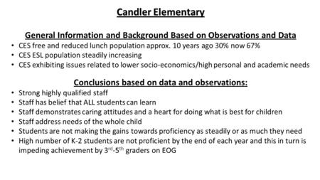 Candler Elementary General Information and Background Based on Observations and Data CES free and reduced lunch population approx. 10 years ago 30% now.