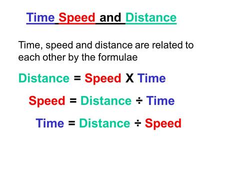 Time Speed and Distance Time, speed and distance are related to each other by the formulae Distance = Speed X Time Speed = Distance ÷ Time Time = Distance.
