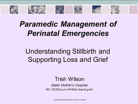 Mater Mothers Bereavement Support Program Paramedic Management of Perinatal Emergencies Understanding Stillbirth and Supporting Loss and Grief Trish Wilson.