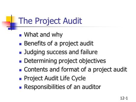The Project Audit What and why Benefits of a project audit