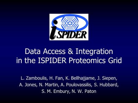 Data Access & Integration in the ISPIDER Proteomics Grid L. Zamboulis, H. Fan, K. Bellhajjame, J. Siepen, A. Jones, N. Martin, A. Poulovassilis, S. Hubbard,