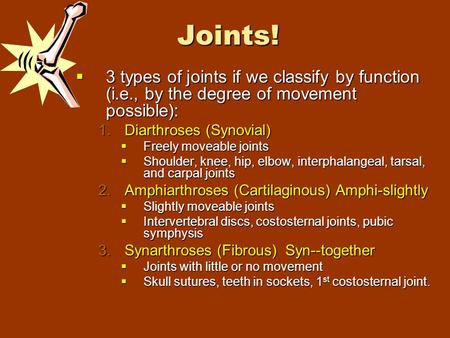 Joints!  3 types of joints if we classify by function (i.e., by the degree of movement possible): 1.Diarthroses (Synovial)  Freely moveable joints 