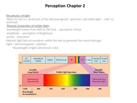 Perception Chapter 2 The physics of light: What we see is a small part of the electromagnetic spectrum call visible light -- refer to overhead. Physical.