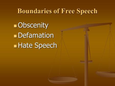 Obscenity Obscenity Defamation Defamation Hate Speech Hate Speech Boundaries of Free Speech.
