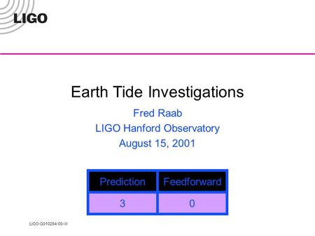 LIGO-G010294-00-W Earth Tide Investigations Fred Raab LIGO Hanford Observatory August 15, 2001 PredictionFeedforward 30.