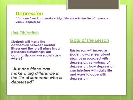 Depression “Just one friend can make a big difference in the life of someone who is depressed” Unit Objective Students will make the connection between.