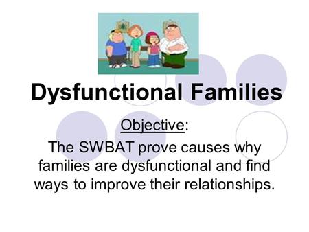 Dysfunctional Families Objective: The SWBAT prove causes why families are dysfunctional and find ways to improve their relationships.