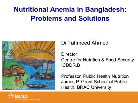 Nutritional Anemia in Bangladesh: Problems and Solutions Dr Tahmeed Ahmed Director Centre for Nutrition & Food Security ICDDR,B Professor, Public Health.