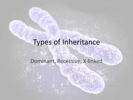 Types of Inheritance Dominant, Recessive, X-linked.