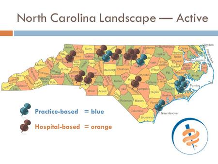 North Carolina Landscape — Active Practice-based = blue Hospital-based = orange.