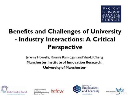 Benefits and Challenges of University - Industry Interactions: A Critical Perspective Jeremy Howells, Ronnie Ramlogan and Shu-Li Cheng Manchester Institute.