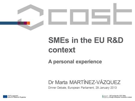 SMEs in the EU R&D context Dr Marta MARTÍNEZ-VÁZQUEZ Dinner Debate, European Parliament, 29 January 2013 A personal experience.