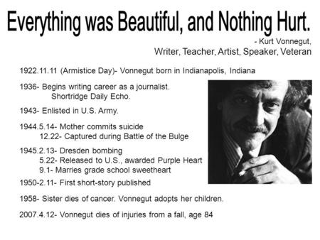 - Kurt Vonnegut, Writer, Teacher, Artist, Speaker, Veteran 1922.11.11 (Armistice Day)- Vonnegut born in Indianapolis, Indiana 1936- Begins writing career.