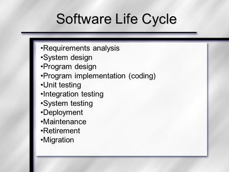 Software Life Cycle Requirements analysis System design Program design Program implementation (coding) Unit testing Integration testing System testing.