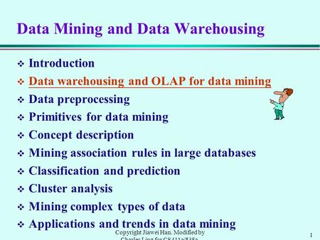 1 Copyright Jiawei Han. Modified by Charles Ling for CS411a/538a, UWO, 1999.9 Data Mining and Data Warehousing v Introduction v Data warehousing and OLAP.
