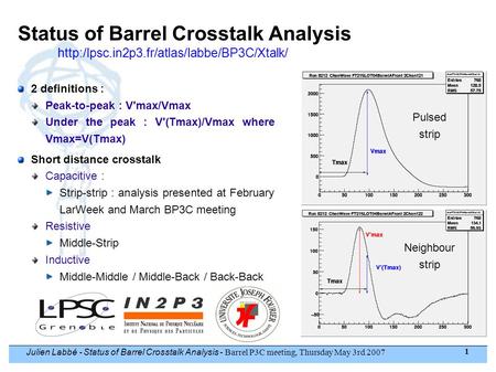 Julien Labbé - Status of Barrel Crosstalk Analysis - Barrel P3C meeting, Thursday May 3rd 2007 1 Status of Barrel Crosstalk Analysis 2 definitions : Peak-to-peak.