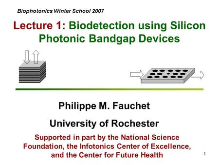1 Lecture 1: Biodetection using Silicon Photonic Bandgap Devices Philippe M. Fauchet University of Rochester Supported in part by the National Science.